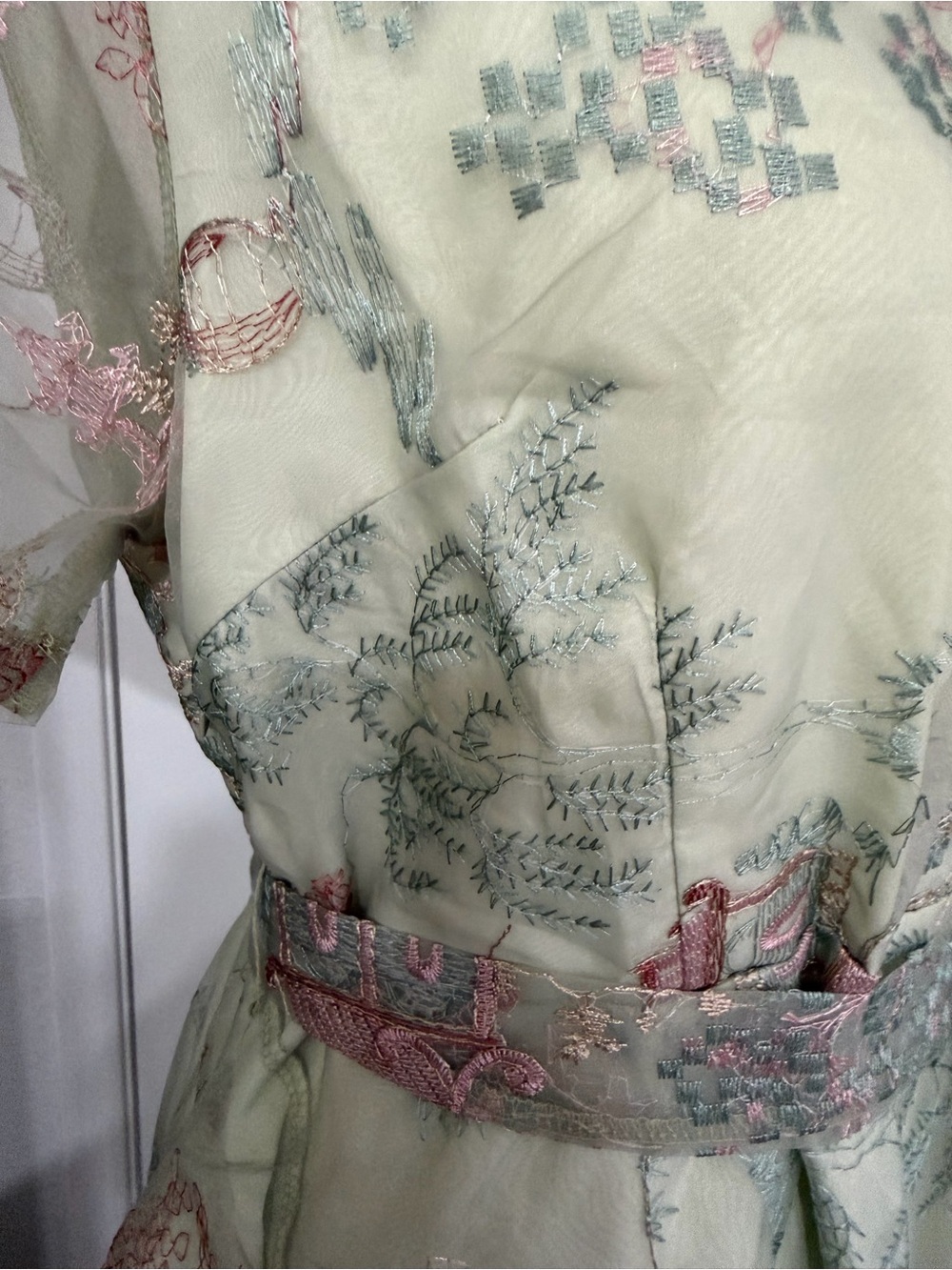 Embroidered Tie-Waist Midi Dress in Sage Green - Picture 5 of 16